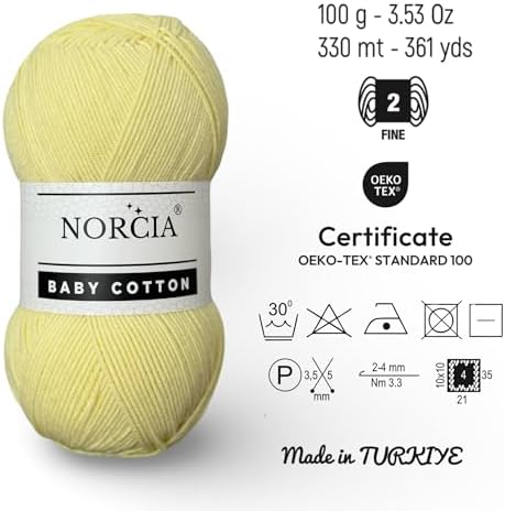 Baby Cotton, 55% Cotton 45% Acrylic Yarn, Fine/Sport (2) for Crochet and Knitting, Soft Amigurumi Yarn, 100 gr (361 yds)