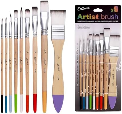9Pcs Artist Paint Brushes Set, Color-Coded Wooden Handle Nylon Bristle Art Brushes for Acrylic Watercolor Gouache Oil Painting, Multi-Size Professional Paintbrush Kit for Beginners, Adults & Kids