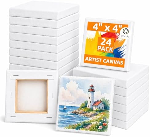 CONDA 24 Pack 4x4 Inch Mini Blank Canvas for Painting, 100% Cotton Stretched Canvas with Pinewood Frame, Acid-Free Primed Mini Square Canvas for Acrylic Oil Painting, Classroom Art & Party Decor