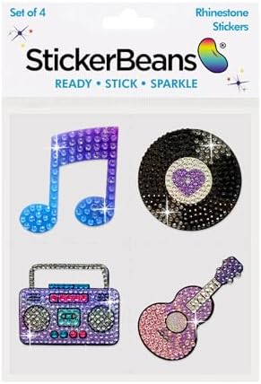 StickerBeans® Rhinestone Stickers – I Love Music Sticker Pack, 2” x 2” Unique Sparkly Cut-to-Shape for Collecting, Trading, Decorating Laptops, Phone Cases, Scrapbooks - Kids, Teens, Adults
