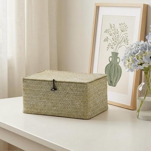 Nonam Wicker Storage Basket with Lid,Seagrass Shelf Basket Set of 3,White