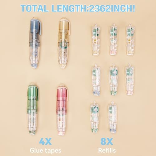 4 Pack Double Sided Tape Roller with 8 Refills for Crafts, Total 196.8 FT