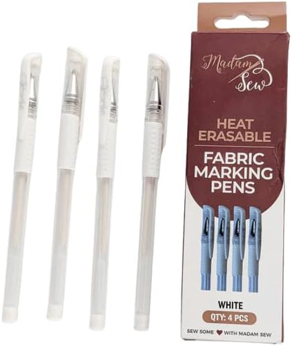 Madam Sew Heat Erasable White Fabric Marking Pen for Sewing and Quilting | Fabric Markers for Sewing, Embroidery, Dressmaking with 4 Pens | No Ghost Lines, Disappearing Ink for Precise Marking
