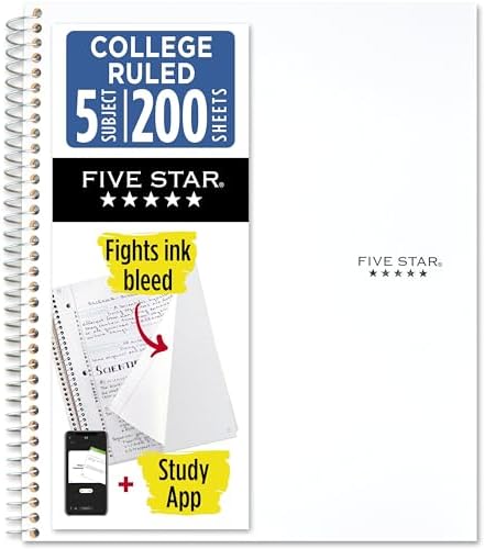Five Star Spiral Notebook + Study App, 5 Subject, College Ruled Paper, 8-1/2" x 11", 200 Sheets, Fights Ink Bleed, Water Resistant Cover, White (72460)