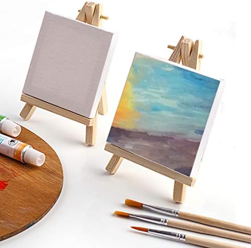 Tosnail 12 Packs Mini Canvas and Easel Set, Art Easel Stand with Canvas Set Tabletop Wooden Display Stand and Canvas Panels for Artist, Students, Adults, Kids Painting
