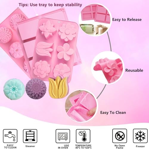 3 Pack Silicone Soap Molds,Flowers&Rectangular shape Soap Mold for Soap Making,Great for Handmade Soaps,Lotion Bars,Chocolate,Moon Cake