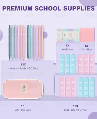 Aesthetic School Supplies with Cute Pencil Case, 12x Pastel Mechanical Pencils 0.5 & 0.7mm with 720x HB Leads, 4x Erasers and 1x Sticky Note, Suitable for Writing, Drafting Drawing Sketching(purple)