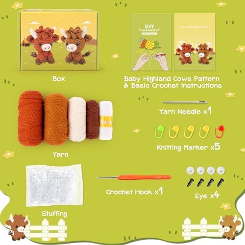 2PCS Highland Cow Crochet Kit for Beginners Crochet Starter Kit for Adults