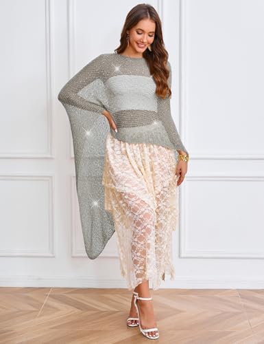 MAKABO Women's Crochet Sheer Poncho Top Lightweight Sparkly Shrug Pullover Knit Bolero Sweater Cover Up Beachwear