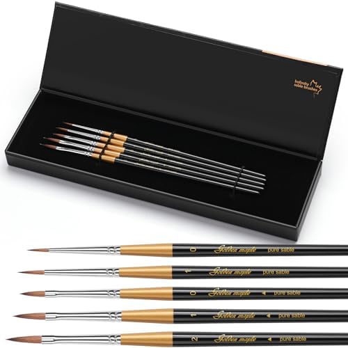 Golden Maple Kolinsky Sable Miniature Paint Brushes, 5PC Professional Detail Paint Brushes Arrow Point Paint Brush Set for Models, Watercolor Details, Figures & Gouache Painting, Black