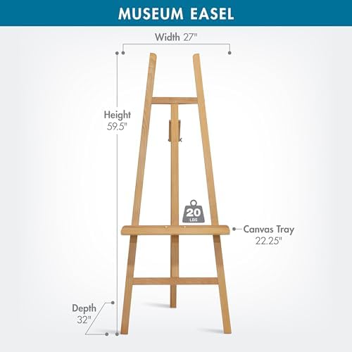 Studio Designs Museum Display Easel – Adjustable Solid Wood Stand for Painting, Sketching, Wedding & Event Signs, Posters, Photography, Home Decor – Foldable, Lightweight, 60–63” Natural Wood