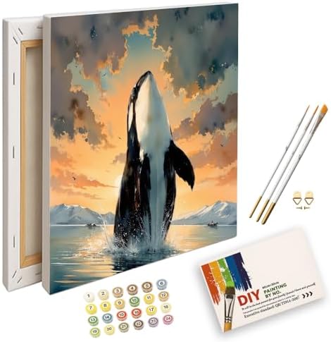ENTORLAB Orca Whale Paint by Numbers Kit for Adults - DIY Jumping Killer Whale at Sunset Painting on Canvas 12X16IN Framed, Acrylic Paint Set, Suitable for Beginners, Art for Home Decoration or Gifts