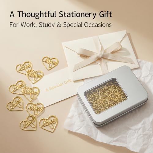 Cute Gold Love Heart Paper Clips 100 Pcs, Planner Bookmark Clips