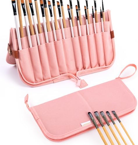 Paint Brush Holder Case for Artists with 22 Slots, Brush Organizer with Pop-Up Stand, Travel Paintbrush Storage Bag for Acrylic Oil Watercolor, Zippered Art Brush Cover (Brushes Not Included)