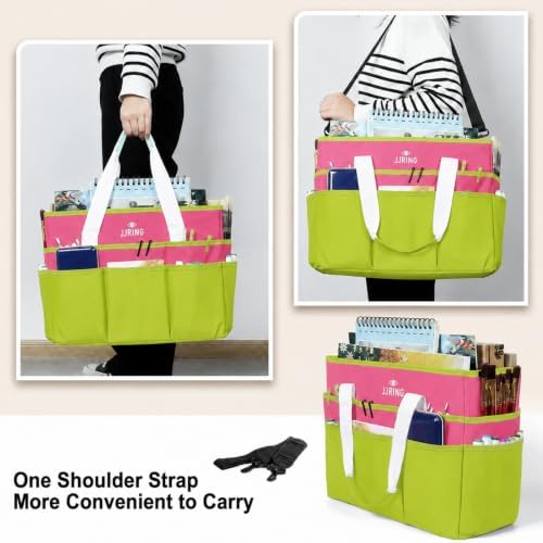 JJRING Craft Organizer Tote Bag Large Art Storage Caddy Bright Green&Red | With Multiple Pockets For Sewing, Scrapbooking, School, Medical, And Office Supplies