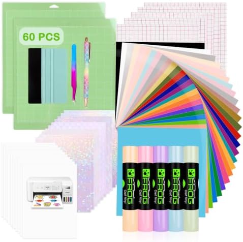 VINYL FROG 60PCS Accessories Bundle for Cricut Maker and All Explore Air, Ultimate Tools with Permanent Adhesive Vinyl, Printable Vinyl Sticker Paper, Cutting Mat, Weeding Tools, Scrape