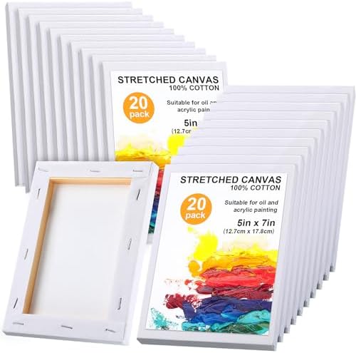 Thenshop 20 Pack Stretched Canvas for Painting 5 x 7 Inches Triple Primed Acid Free 100% Cotton White Blank Canvas for Painting Supplies Oil and Acrylic Pouring Art Watercolor