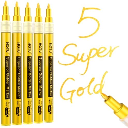HOTU 5 Pack Super Gold Paint Markers - Metallic Gold Acrylic Paint Pens Glitter Extra Fine Tip 0.7mm for Black Paper,Wood, Rock Painting, Glass, Fabric