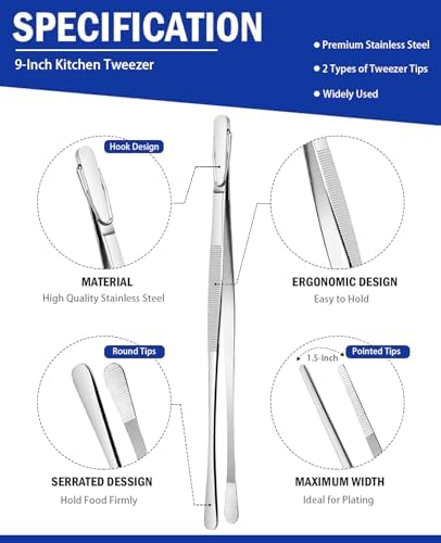 JETKONG 2 Pcs 9-Inch Kitchen Tweezers Cooking Tweezers Stainless Steel Tweezers Tongs (Silver)