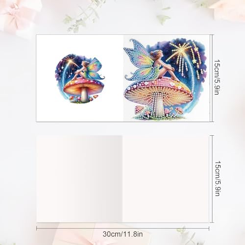 Tontut 6pcs Diamond Art Painting Kit Greeting Card, Genie on Mushroom 5D DIY Diamond Handmade Holiday Greeting Card with Envelope, Holiday Gift Congratulation