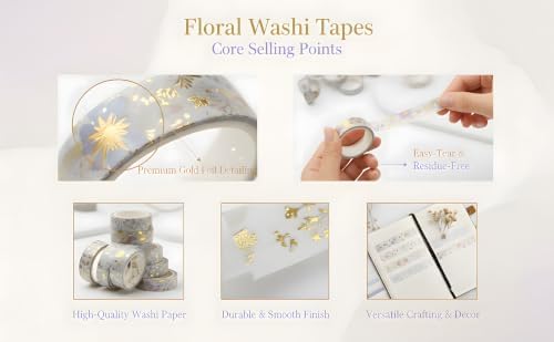 Washi Tape Set, Floral Washi Stickers, 12 Rolls Assorted Sizes, for Junk Journal Scrapbook Tape, Bullet Journaling Scrapbooking Supplies, Planner Sticker DIY Craft DéCor (Purple)