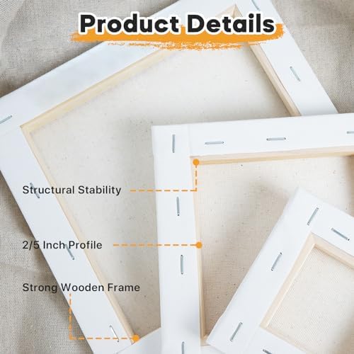 CONDA 6x6 inch Stretched Canvas for Painting, Pack of 12, 100% Cotton, 5/8 Inch Profile Value Bulk Pack for Acrylics, Oils Painting