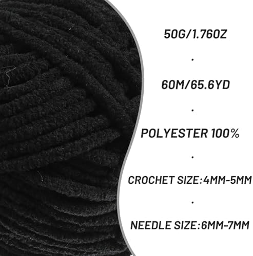 2 Packs Plush Chenille Chunky Crochet Yarn - Baby Yarn for Crocheting Soft - Velvet Yarns Knitting for Blankets Crafts - Fluffy Amigurumi Yarns 100g/131yds (2 Black)