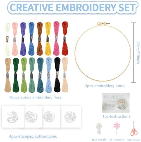 FREEBLOSS 4 Sets Embroidery Kit for Beginners Needlepoint Dragon&Cloud Stamped Embroidery Starter Kit with Instructions, Needles, Threads, 2 Hoops 11.6"/29.5CM