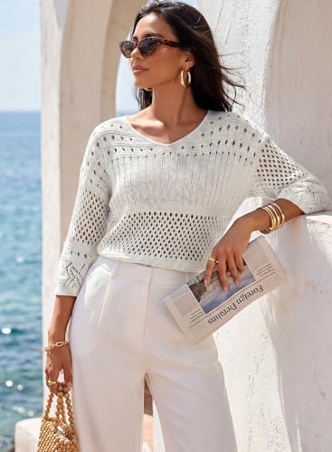 EVALESS Crochet Tops for Women Hollow Out Knit Sweaters