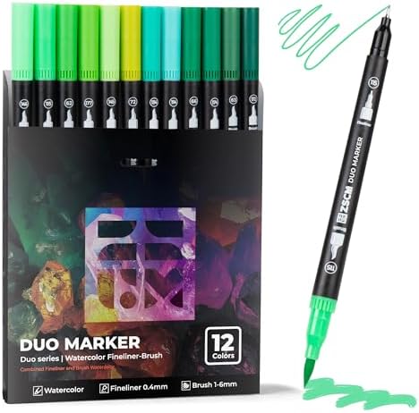 Green Duo Tip Marker Pens, 12 Fine & Brush Tip Pen For Adult Coloring Books