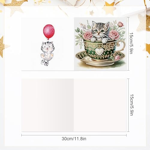 antor 6 Pack DIY Cat in Teacup Diamond Painting Greeting Cards with Envelopes – Cute Animal Rhinestone Art Craft Kit, Handmade Crystal Card Set, Diamond Art Kits for Adults