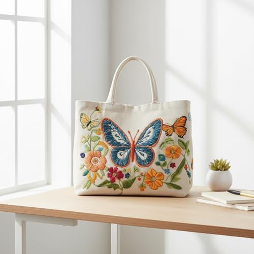 ARTopet Embroidery Tote Bag Kit for Beginners Butterfly Canvas Cross Stitch Handbag with Hoops Needles Threads Reusable Grocery Bag for Women-Butterfly01
