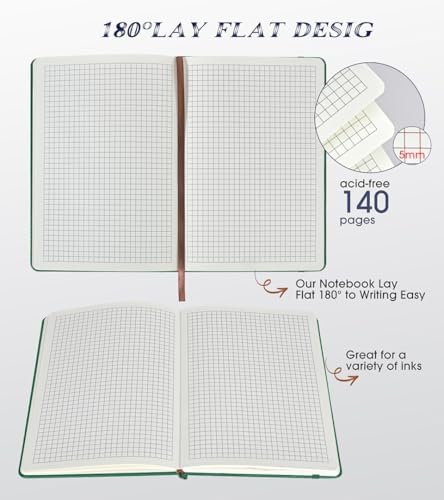 Biuwory A5 Hardcover Graph Paper Notebook, Grid Leather Journal for Writing | 140 Quad Ruled Grid Pages Vintage Diary, 5.7"×8.3" Travel Notebook for Work, School, Women & Men