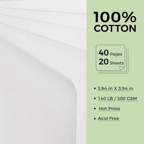 Watercolor Journal - 100% Cotton Hot Press Paper | 20 Sheets 40 Pages | 300GSM (140lb) | PU Leather Cover Watercolor Sketch Books for Artists Painting,Mixed Media 3.9 in x 3.9 in