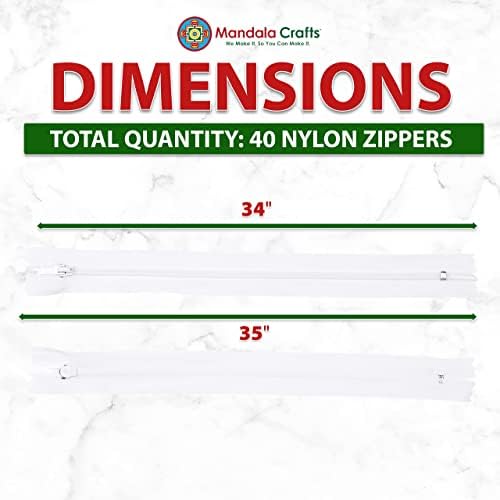 Mandala Crafts 40 PCs White Closed-End 34 Inch Nylon Zippers for Sewing