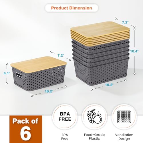 Ohmlove 6 Pack Plastic Storage Baskets with Bamboo Lids for Organization