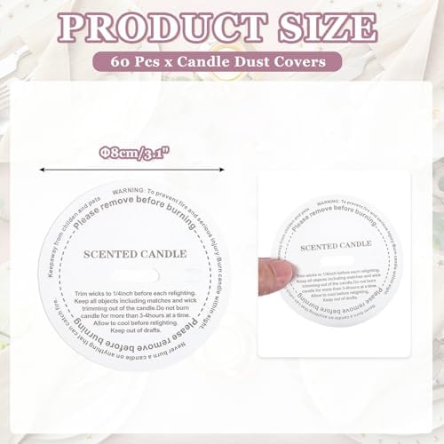 MECCANIXITY 60 Pcs Candle Dust Covers, 8cm/3.1" Round Printed Translucent Candles Drip Protectors Lid Accessories Letter Pattern for Craft Fragrance Making Jars Boxes Packaging