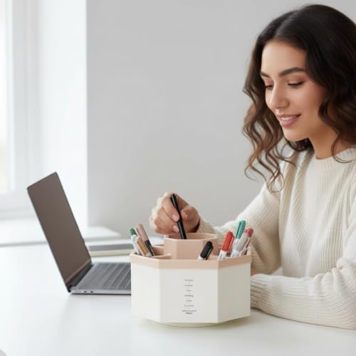 Jekelife 360 Degree Rotating Pen Holder,5-Compartment Desk Organizer,Pink