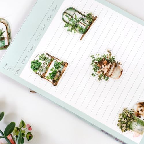Ychsring Green Plant Stickers - 50 Pcs Clear PET Nature Botanical Floral Stickers for Scrapbook, Journal, Junk Journal, Collage - Waterproof Transparent for Resin, Craft & Scrapbook Supplies