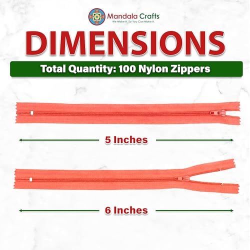 Mandala Crafts 100 PCs Coral Closed-End 5 Inches Nylon Zippers for Sewing