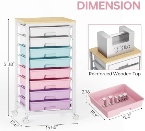 SYKIARIOL Rolling Storage Cart with Drawers, 8 Drawers Cart, Ice Cream | Utility Cart With Drawers,Rolling Storage Cart for Living Room,Classroom,Bedroom,Bathroom,Dorm,Office, Ice Cream