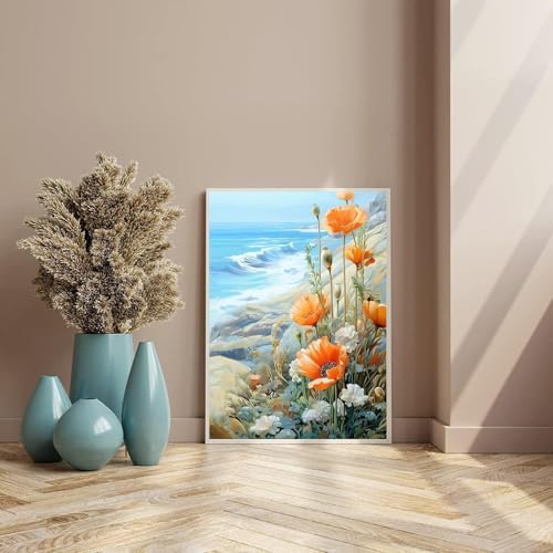 Paint by Numbers for Adults Beginner Flowers,Paint Number Kits Poppies and Daisies Adult,Paint by Number Sea View Adult Paint by Number Kits DIY Oil Painting Kits Gift, 12 x16 Inch（Include Framed）