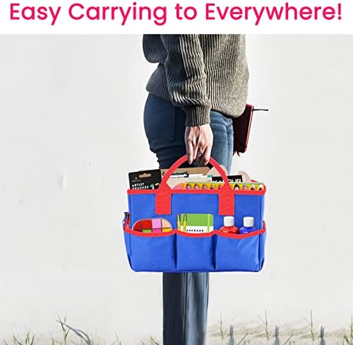 Desktop Tote and Organizer, Teacher Helper Bag for Arts, Books, Stationery, Office Desk, Make-up Storage with Handles for Travel (Blue)