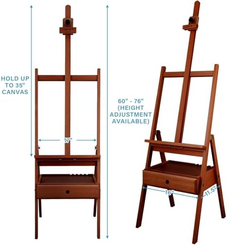 Large Beechwood H-Frame Studio Easel Stand with Storage Drawer, Walnut | Height Adjustable to 35Inches High, Suitable for Painting, Sketching and Displaying
