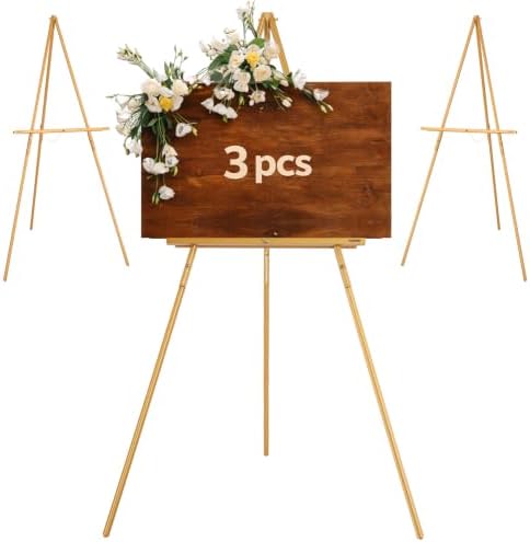 VISWIN 3Pcs 63" Gold Easel Stand for Wedding Signs, Adjustable Wooden Display Easel with Holder, Tripod Floor Easel for Welcome Board, Poster, Picture, Photos, Paintings