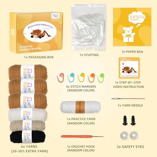 MOREJMTT Crochet kit for Beginners Adults, Learn to Crochet, Include Easy Knitting Soft Yarn, Step-by-Step Video Tutorial, Hook, Holiday Birthday Gift (Highland Cow)