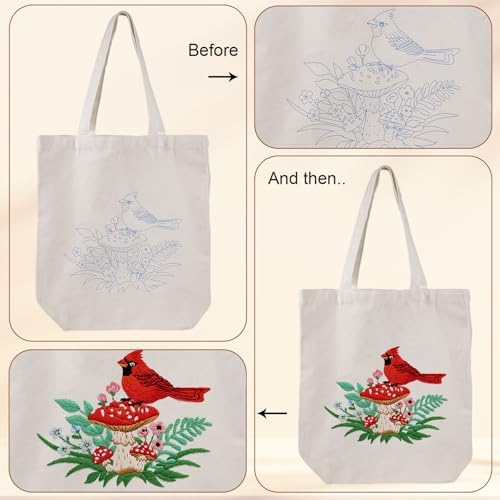 Louise Maelys Embroidery Kit, Cardinal Mushroom Canvas Tote Bag Craft Set