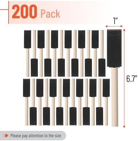 Bates- Foam Paint Brushes, 1 Inch, 200 Pack, Wooden Handle, Sponge Brushes for Painting, Staining, Varnishes, Gluing and DIY Craft Projects on Wood, Metal & More