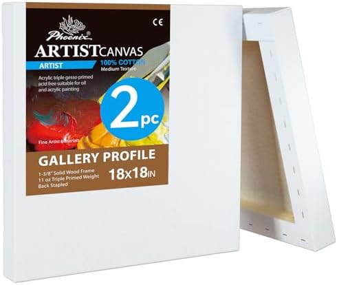 PHOENIX 18x18 Inch 2 Pack Gallery Canvas - 1.5 in Thick Large Square Canvases for Painting - Deep Edge 100% Cotton 11 Oz. Gesso Primed White Blank Professional Canvas Oil & Acrylic Paints