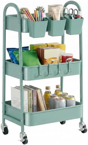 danpinera 3-Tier Rolling Cart, Utility Cart Mobile Metal Rolling Storage Cart with Lockable Wheels & Hanging Cups & Hooks for Kitchen, Bathroom, Office, Workshop, Green